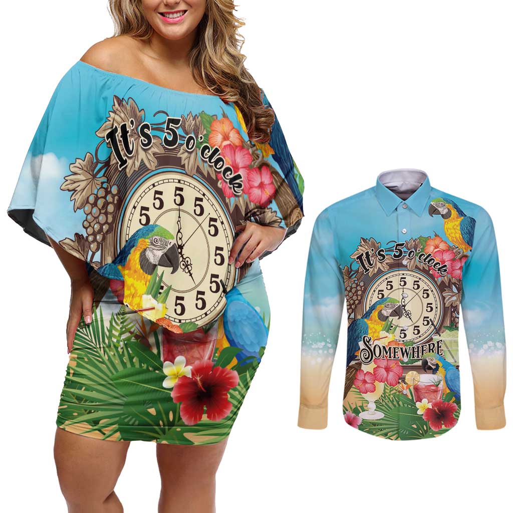 Personalized It's 5 o'clock Somewhere Couples Matching Off Shoulder Short Dress and Long Sleeve Button Shirt Hawaiian Tropical Parrots - Polynesian Pride
