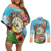 Personalized It's 5 o'clock Somewhere Couples Matching Off Shoulder Short Dress and Long Sleeve Button Shirt Hawaiian Tropical Parrots - Polynesian Pride