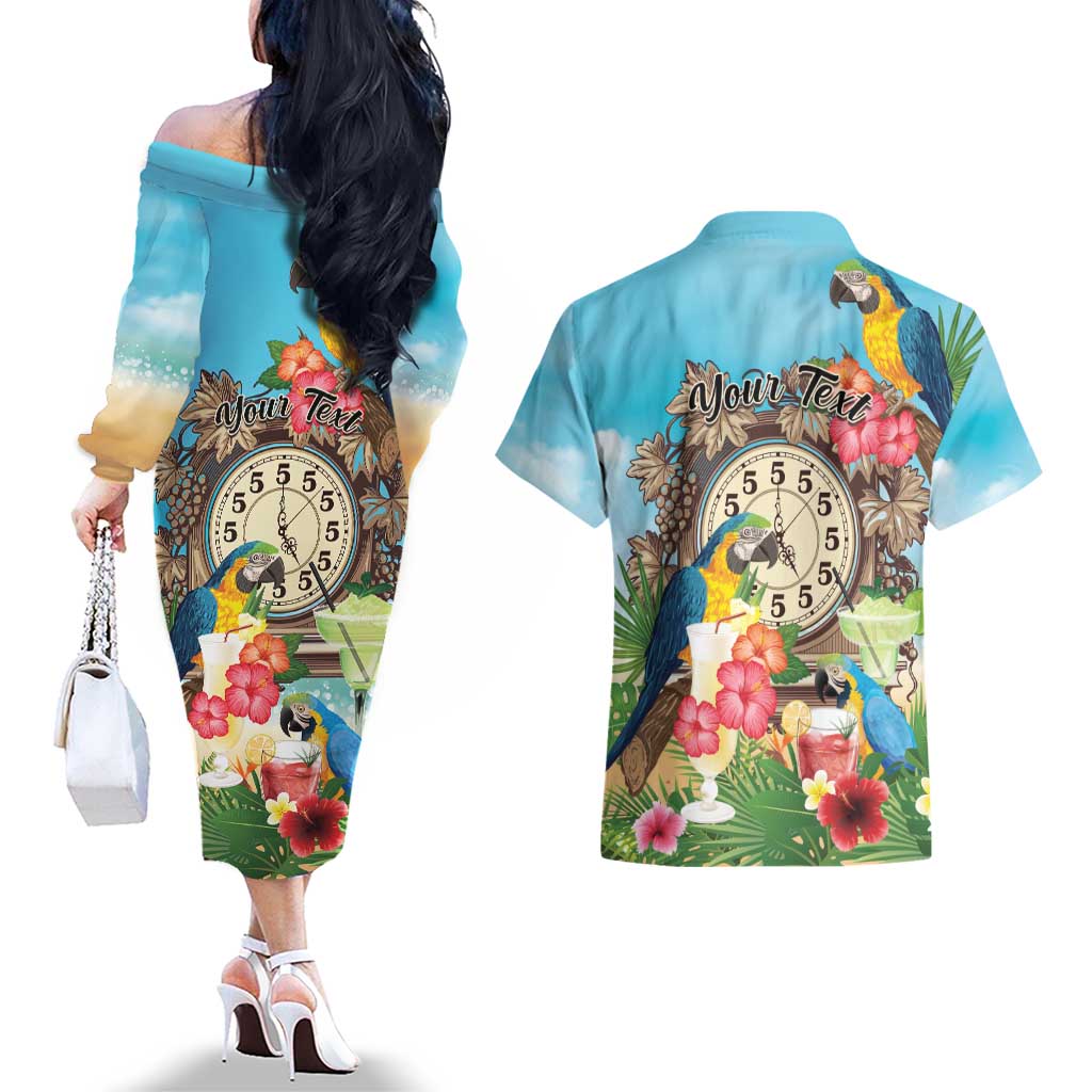 Personalized It's 5 o'clock Somewhere Couples Matching Off The Shoulder Long Sleeve Dress and Hawaiian Shirt Hawaiian Tropical Parrots - Polynesian Pride