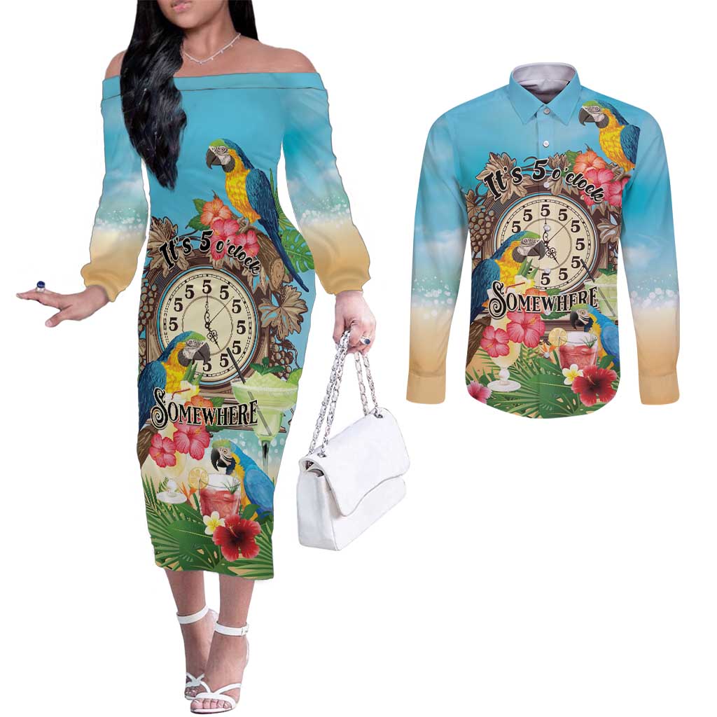 Personalized It's 5 o'clock Somewhere Couples Matching Off The Shoulder Long Sleeve Dress and Long Sleeve Button Shirt Hawaiian Tropical Parrots - Polynesian Pride