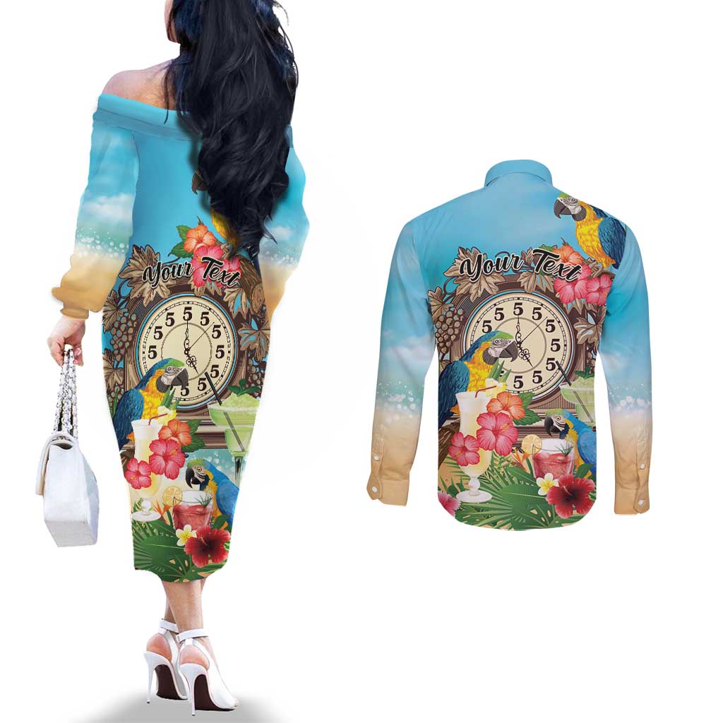 Personalized It's 5 o'clock Somewhere Couples Matching Off The Shoulder Long Sleeve Dress and Long Sleeve Button Shirt Hawaiian Tropical Parrots - Polynesian Pride