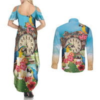Personalized It's 5 o'clock Somewhere Couples Matching Summer Maxi Dress and Long Sleeve Button Shirt Hawaiian Tropical Parrots - Polynesian Pride