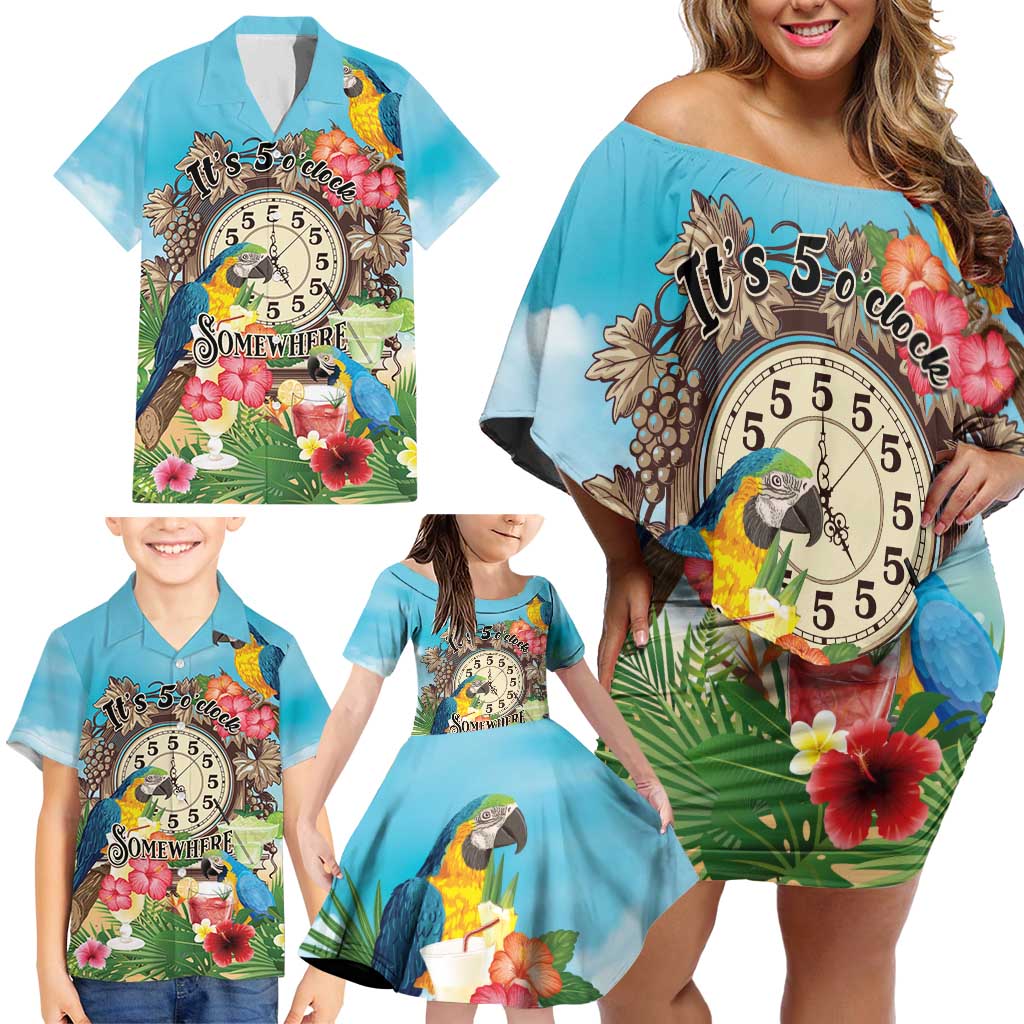 Personalized It's 5 o'clock Somewhere Family Matching Off Shoulder Short Dress and Hawaiian Shirt Hawaiian Tropical Parrots - Polynesian Pride