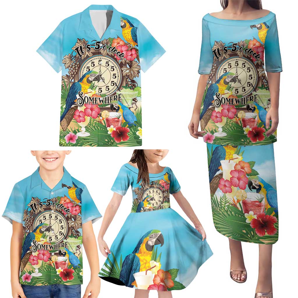 Personalized It's 5 o'clock Somewhere Family Matching Puletasi and Hawaiian Shirt Hawaiian Tropical Parrots - Polynesian Pride