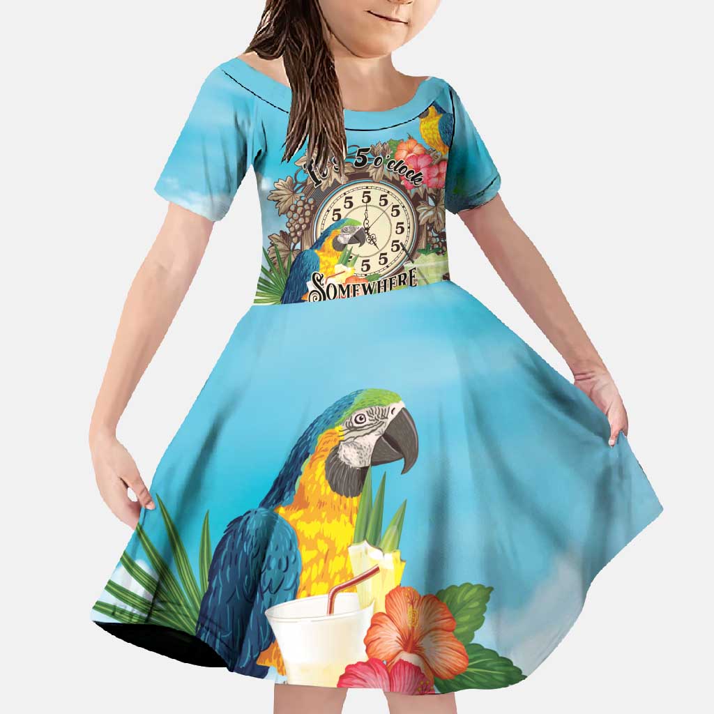 Personalized It's 5 o'clock Somewhere Family Matching Short Sleeve Bodycon Dress and Hawaiian Shirt Hawaiian Tropical Parrots - Polynesian Pride