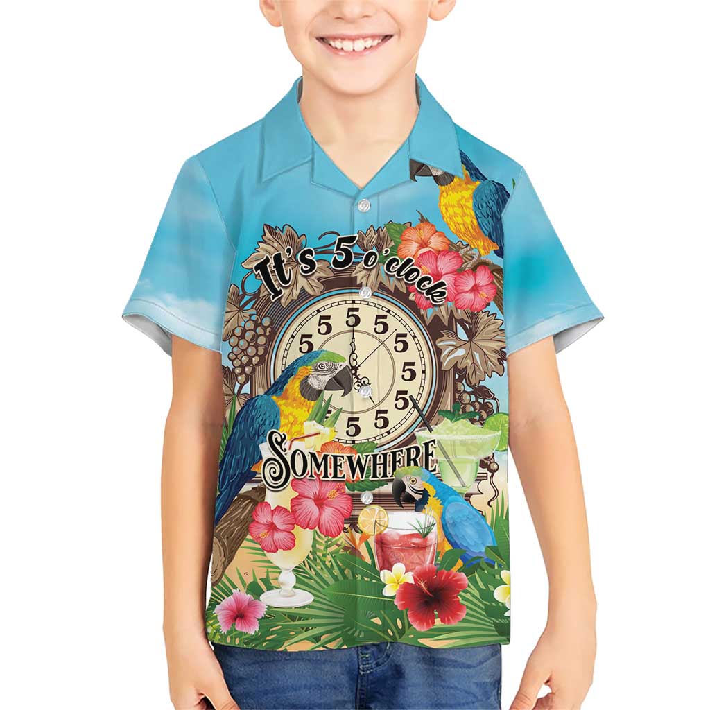 Personalized It's 5 o'clock Somewhere Family Matching Short Sleeve Bodycon Dress and Hawaiian Shirt Hawaiian Tropical Parrots - Polynesian Pride