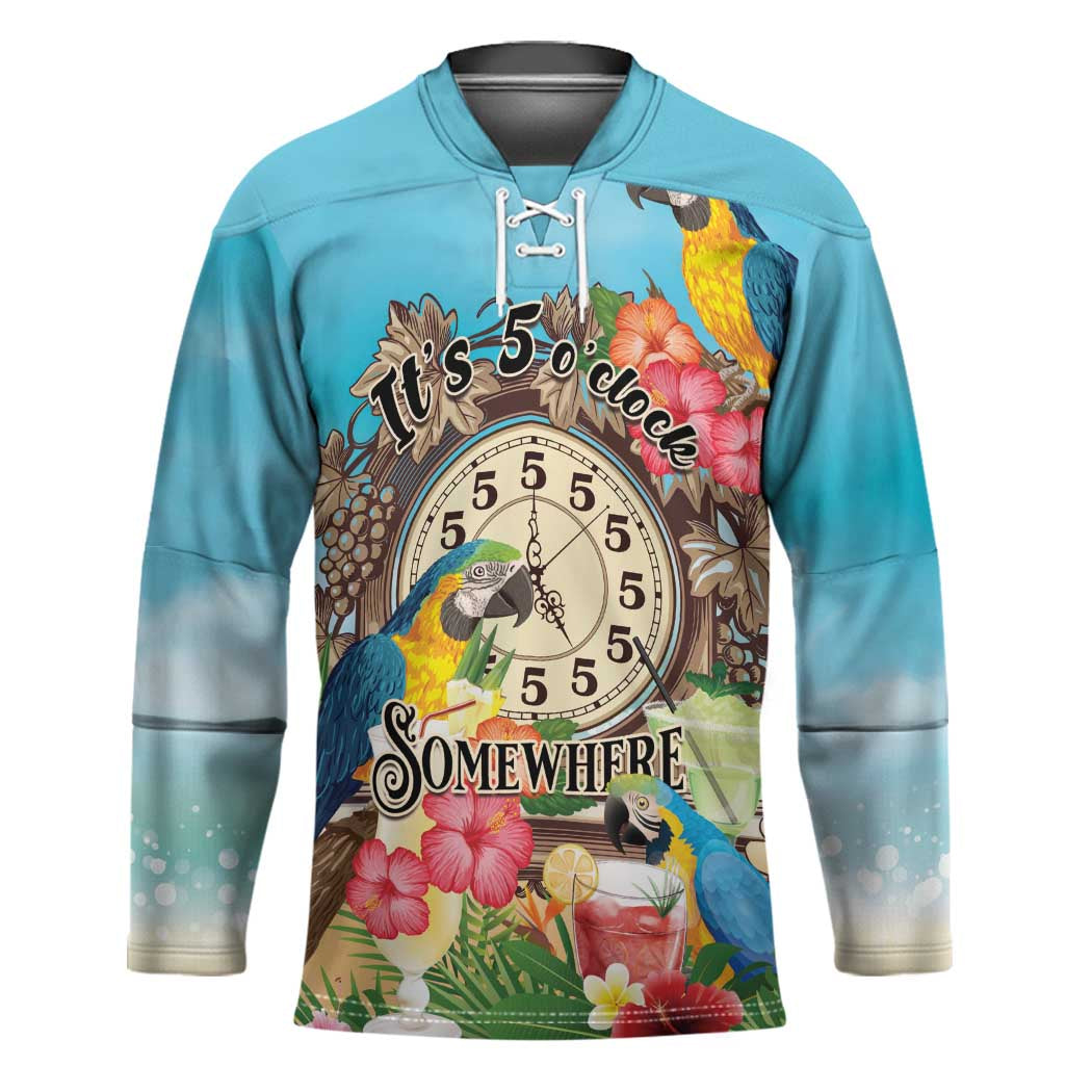 Personalized It's 5 o'clock Somewhere Hockey Jersey Hawaiian Tropical Parrots - Polynesian Pride