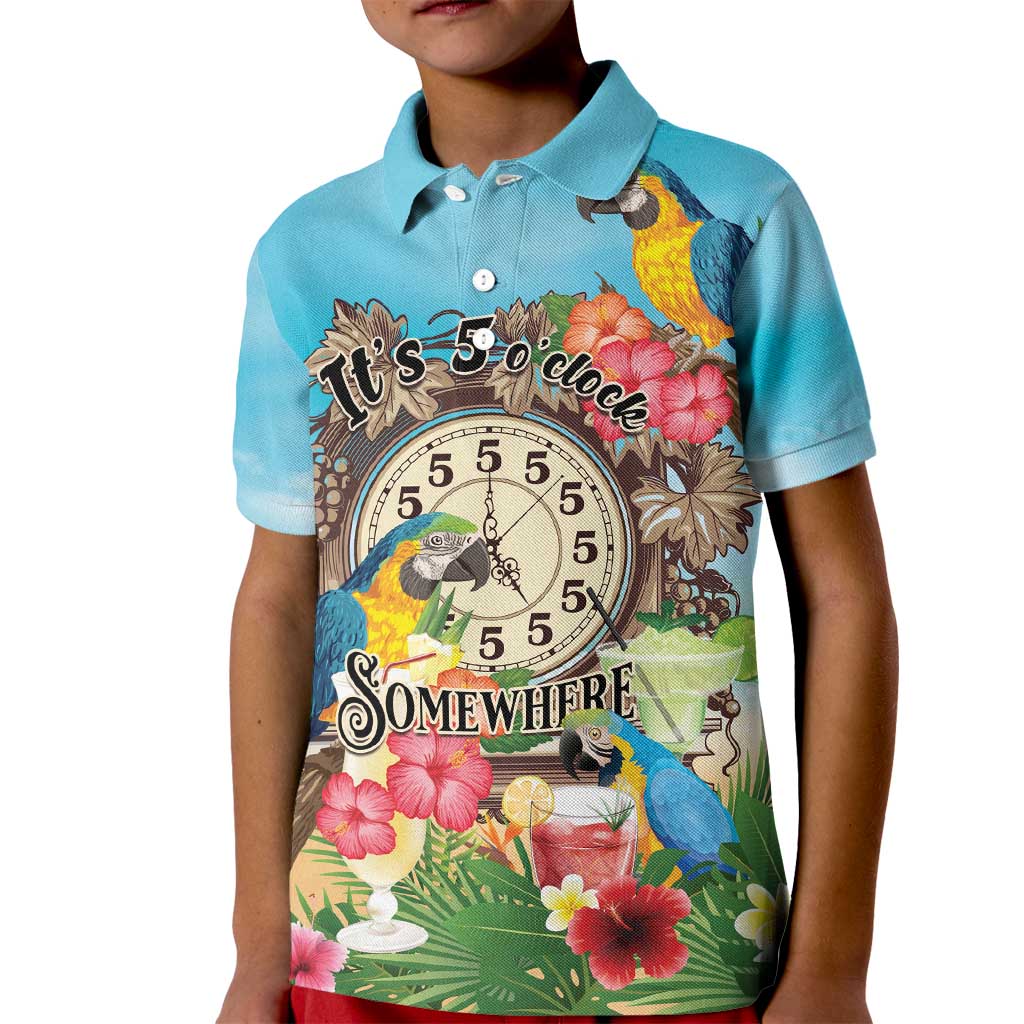 Personalized It's 5 o'clock Somewhere Kid Polo Shirt Hawaiian Tropical Parrots - Polynesian Pride