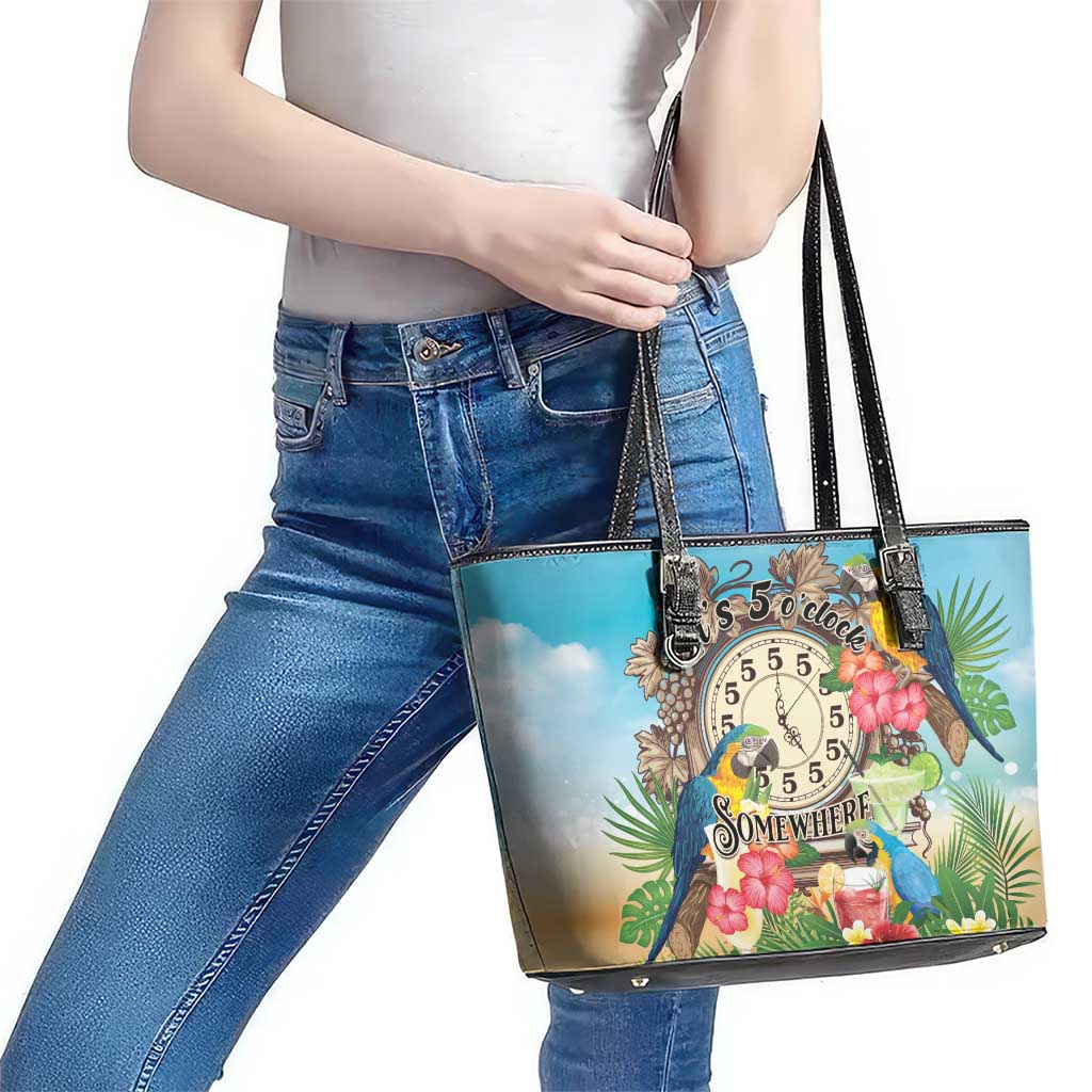 It's 5 o'clock Somewhere Leather Tote Bag Hawaiian Tropical Parrots - Polynesian Pride