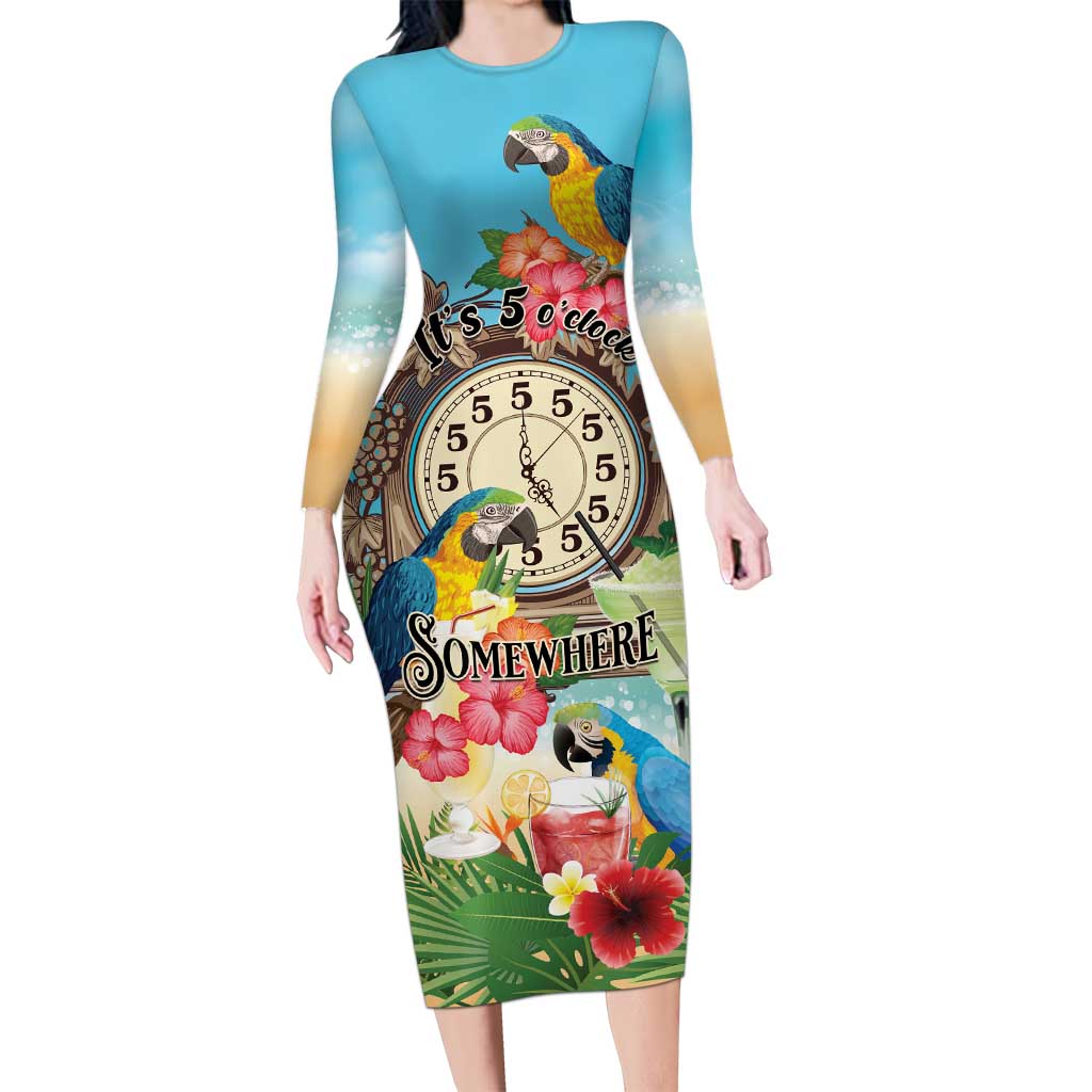 Personalized It's 5 o'clock Somewhere Long Sleeve Bodycon Dress Hawaiian Tropical Parrots - Polynesian Pride