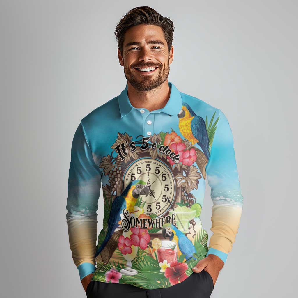 Personalized It's 5 o'clock Somewhere Long Sleeve Polo Shirt Hawaiian Tropical Parrots - Polynesian Pride