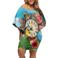 Personalized It's 5 o'clock Somewhere Off Shoulder Short Dress Hawaiian Tropical Parrots - Polynesian Pride