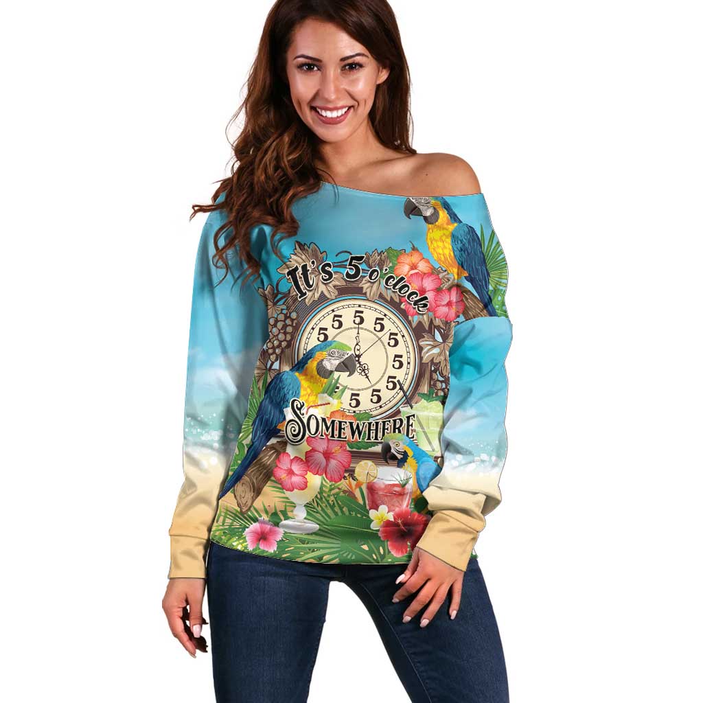 Personalized It's 5 o'clock Somewhere Off Shoulder Sweater Hawaiian Tropical Parrots - Polynesian Pride
