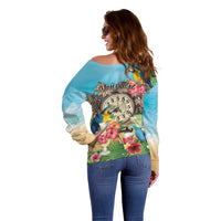 Personalized It's 5 o'clock Somewhere Off Shoulder Sweater Hawaiian Tropical Parrots - Polynesian Pride
