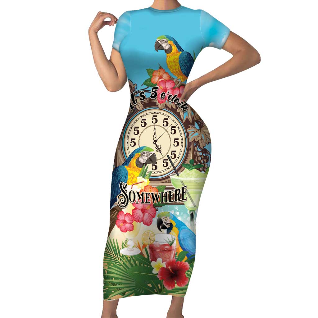 Personalized It's 5 o'clock Somewhere Short Sleeve Bodycon Dress Hawaiian Tropical Parrots - Polynesian Pride