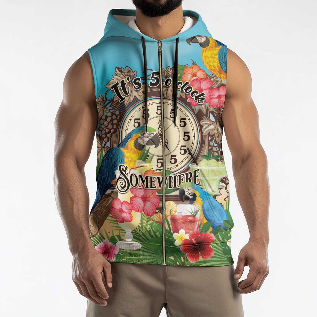 Personalized It's 5 o'clock Somewhere Sleeveless Zip Hoodie Hawaiian Tropical Parrots - Polynesian Pride