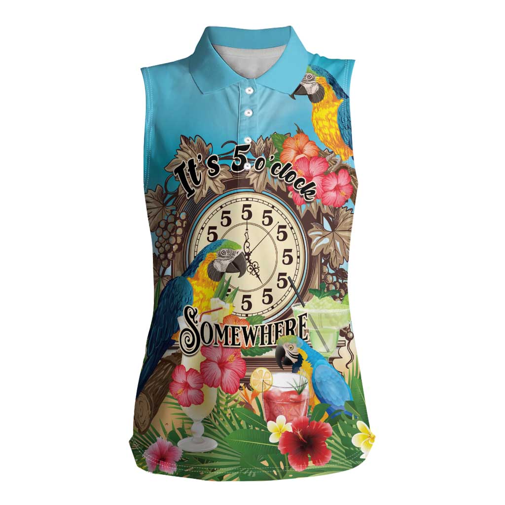 Personalized It's 5 o'clock Somewhere Women Sleeveless Polo Shirt Hawaiian Tropical Parrots - Polynesian Pride