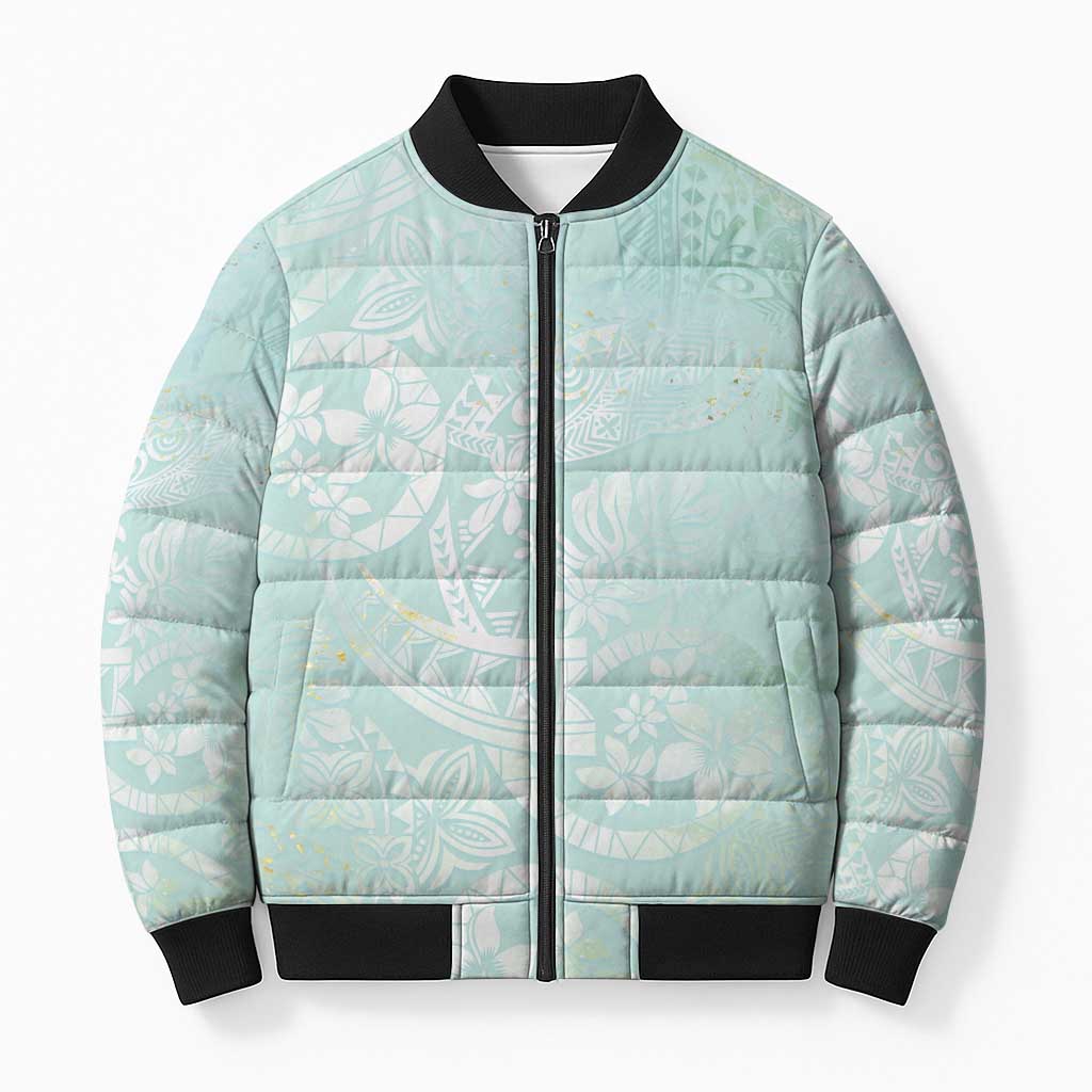 Polynesian Tiare Monstera Seafoam Green Bomber Puffer Jacket Liquid Style - Polynesian Pride