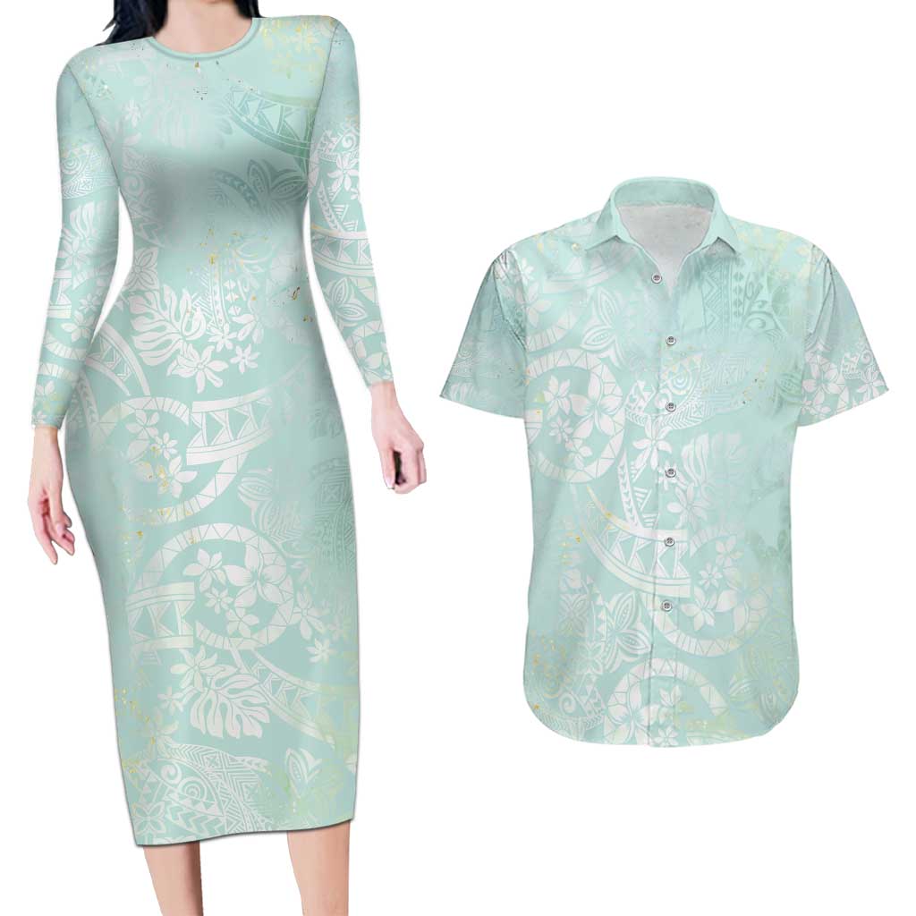 Polynesian Tiare Monstera Seafoam Green Couples Matching Long Sleeve Bodycon Dress and Hawaiian Shirt Liquid Style LT01 Green - Polynesian Pride