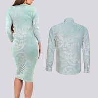 Polynesian Tiare Monstera Seafoam Green Couples Matching Long Sleeve Bodycon Dress and Long Sleeve Button Shirt Liquid Style - Polynesian Pride