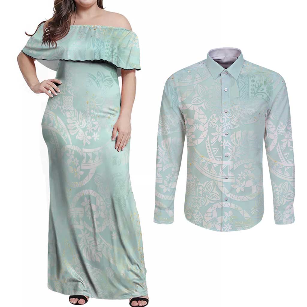 Polynesian Tiare Monstera Seafoam Green Couples Matching Off Shoulder Maxi Dress and Long Sleeve Button Shirt Liquid Style - Polynesian Pride