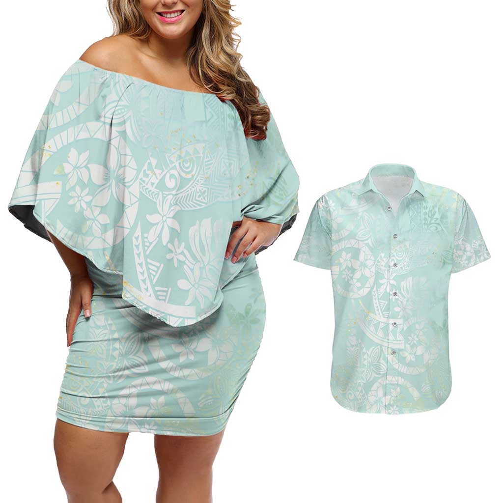 Polynesian Tiare Monstera Seafoam Green Couples Matching Off Shoulder Short Dress and Hawaiian Shirt Liquid Style LT01 Green - Polynesian Pride
