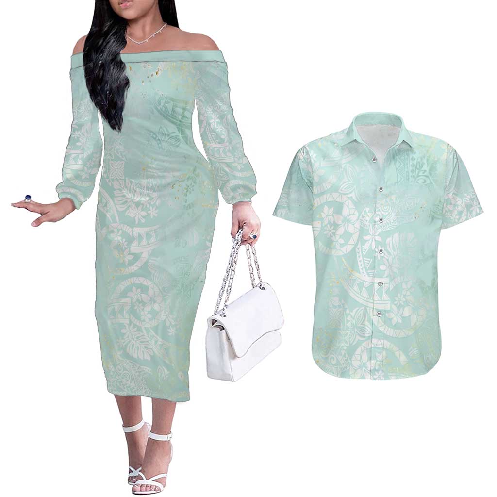 Polynesian Tiare Monstera Seafoam Green Couples Matching Off The Shoulder Long Sleeve Dress and Hawaiian Shirt Liquid Style LT01 Green - Polynesian Pride