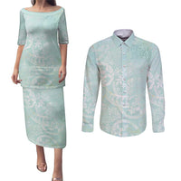 Polynesian Tiare Monstera Seafoam Green Couples Matching Puletasi and Long Sleeve Button Shirt Liquid Style - Polynesian Pride