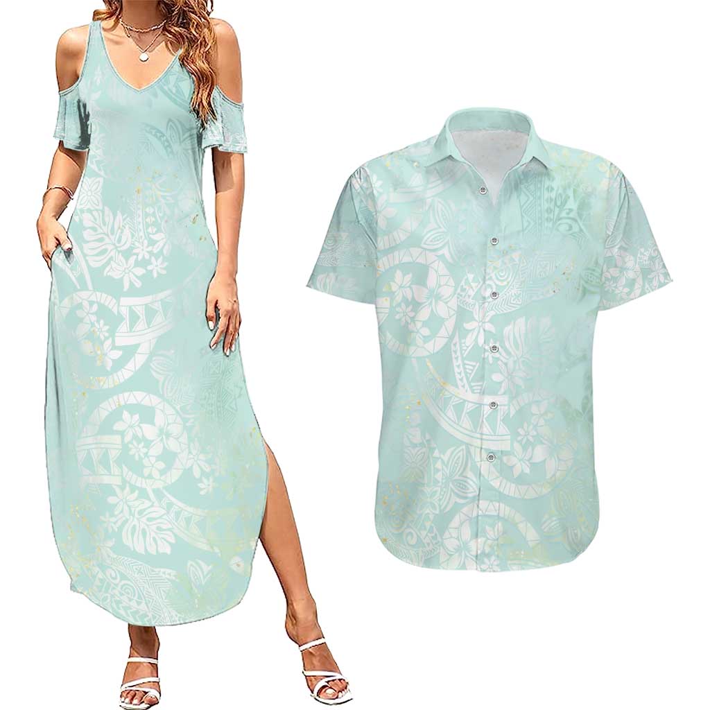 Polynesian Tiare Monstera Seafoam Green Couples Matching Summer Maxi Dress and Hawaiian Shirt Liquid Style LT01 Green - Polynesian Pride