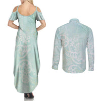 Polynesian Tiare Monstera Seafoam Green Couples Matching Summer Maxi Dress and Long Sleeve Button Shirt Liquid Style - Polynesian Pride