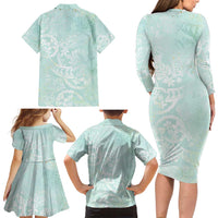 Polynesian Tiare Monstera Seafoam Green Family Matching Long Sleeve Bodycon Dress and Hawaiian Shirt Liquid Style - Polynesian Pride
