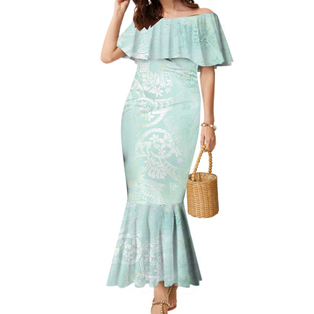 Polynesian Tiare Monstera Seafoam Green Family Matching Mermaid Dress and Hawaiian Shirt Liquid Style - Polynesian Pride