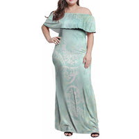 Polynesian Tiare Monstera Seafoam Green Family Matching Off Shoulder Maxi Dress and Hawaiian Shirt Liquid Style - Polynesian Pride