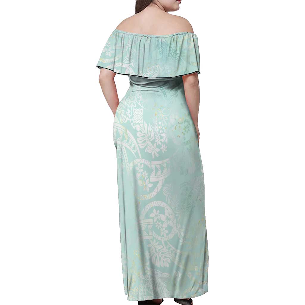 Polynesian Tiare Monstera Seafoam Green Family Matching Off Shoulder Maxi Dress and Hawaiian Shirt Liquid Style - Polynesian Pride