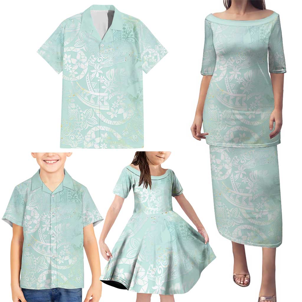 Polynesian Tiare Monstera Seafoam Green Family Matching Puletasi and Hawaiian Shirt Liquid Style - Polynesian Pride