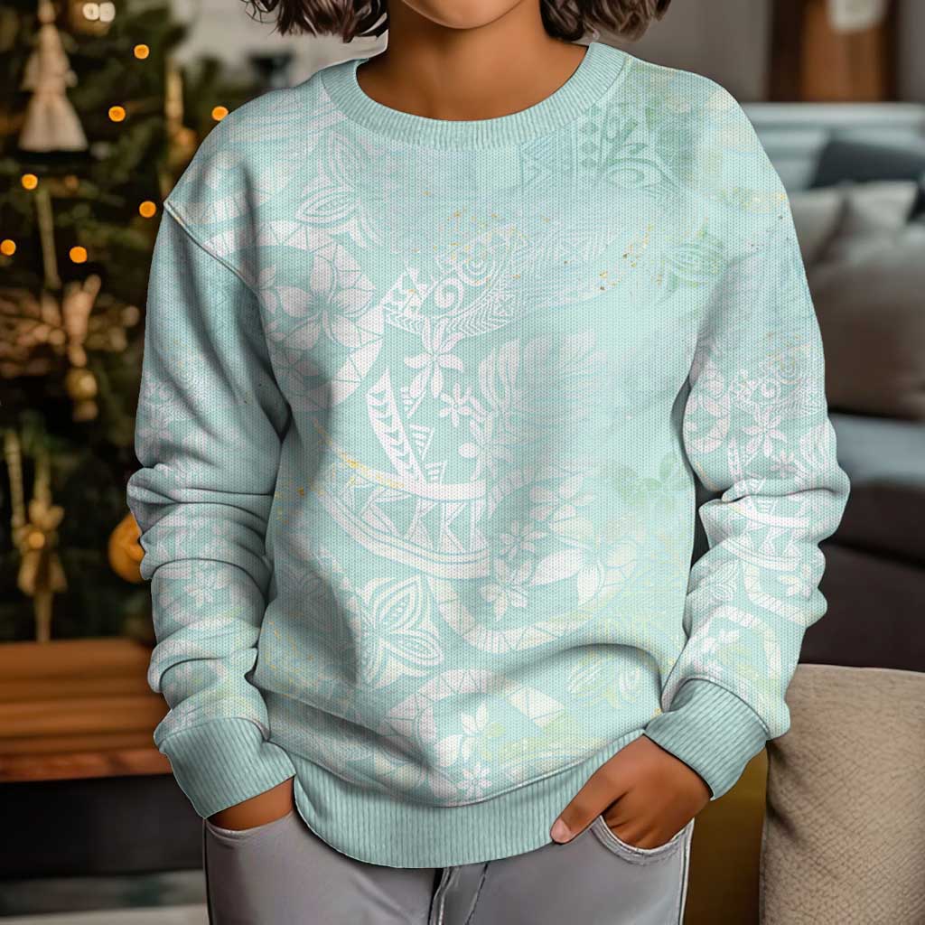Polynesian Tiare Monstera Seafoam Green Kid Ugly Christmas Sweater Liquid Style - Polynesian Pride