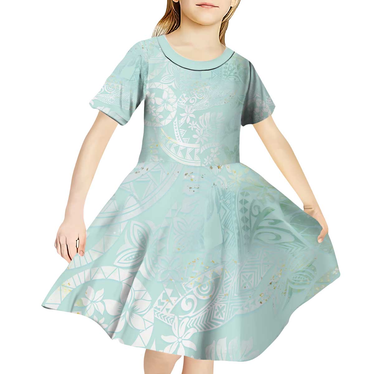 Polynesian Tiare Monstera Seafoam Green Kid Short Sleeve Dress Liquid Style - Polynesian Pride