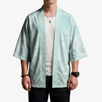 Polynesian Tiare Monstera Seafoam Green Kimono Liquid Style - Polynesian Pride
