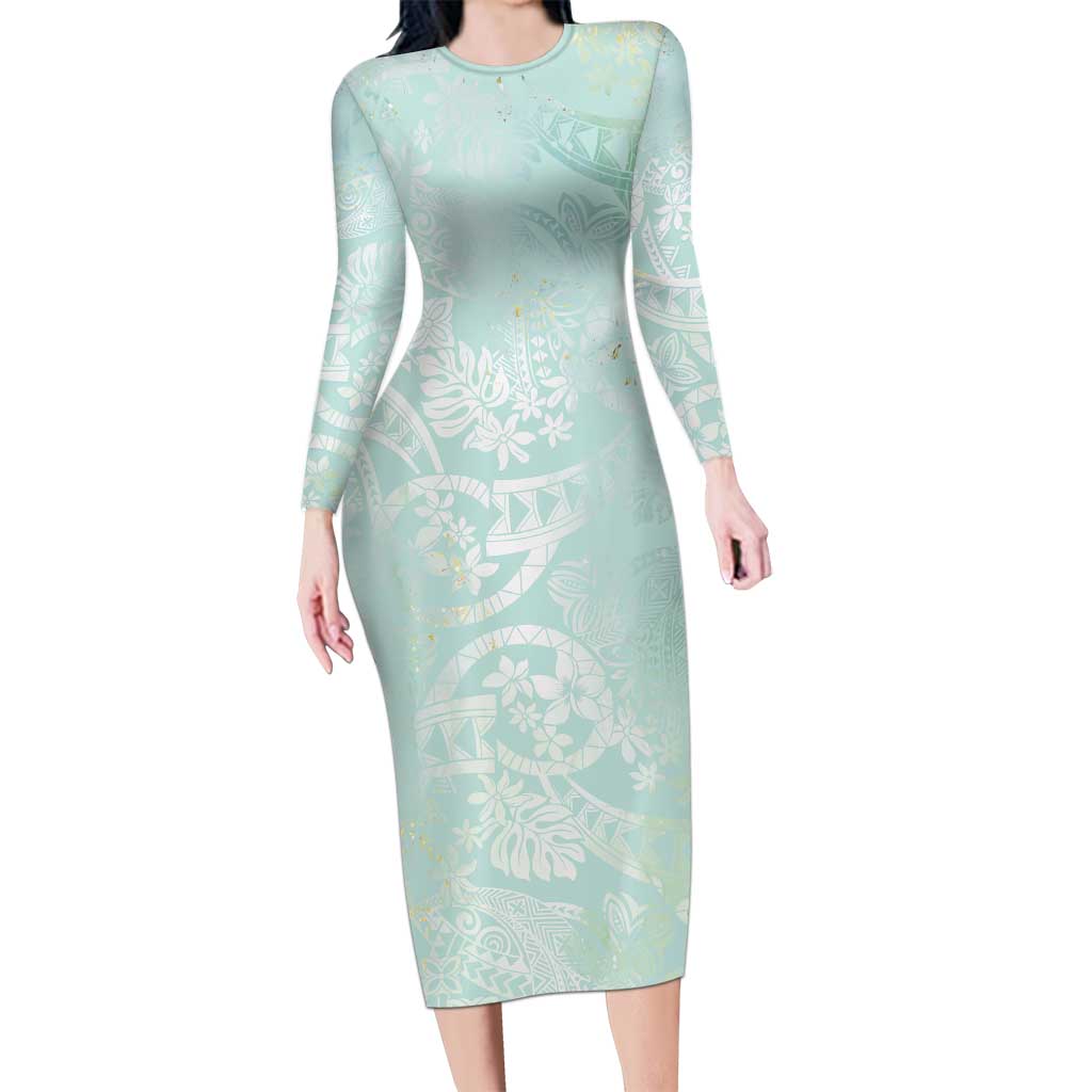 Polynesian Tiare Monstera Seafoam Green Long Sleeve Bodycon Dress Liquid Style - Polynesian Pride