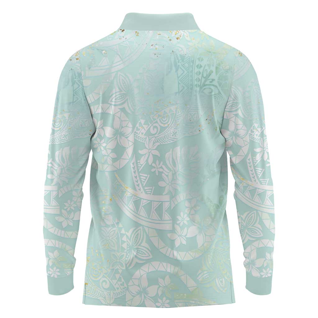 Polynesian Tiare Monstera Seafoam Green Long Sleeve Polo Shirt Liquid Style - Polynesian Pride