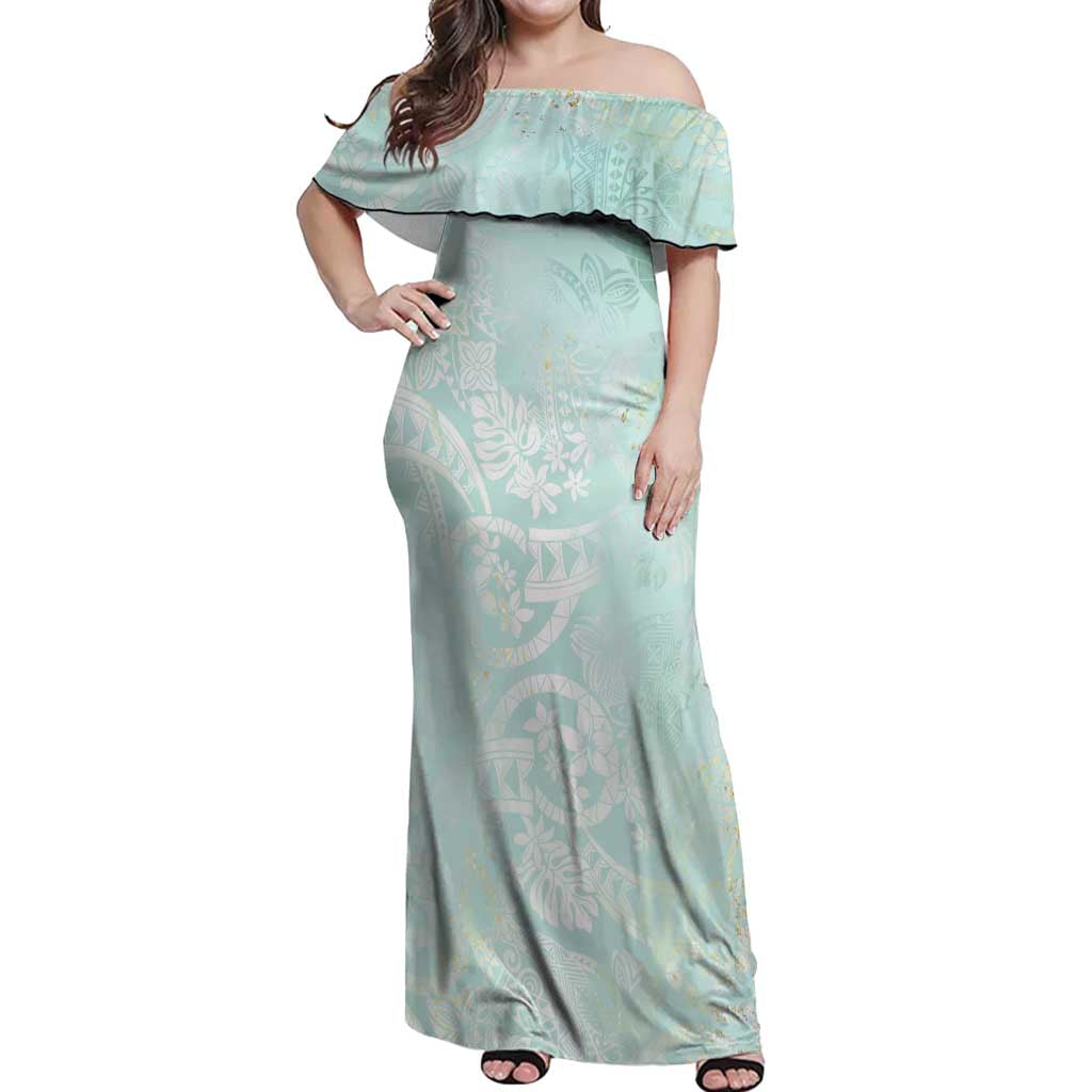 Polynesian Tiare Monstera Seafoam Green Off Shoulder Maxi Dress Liquid Style - Polynesian Pride