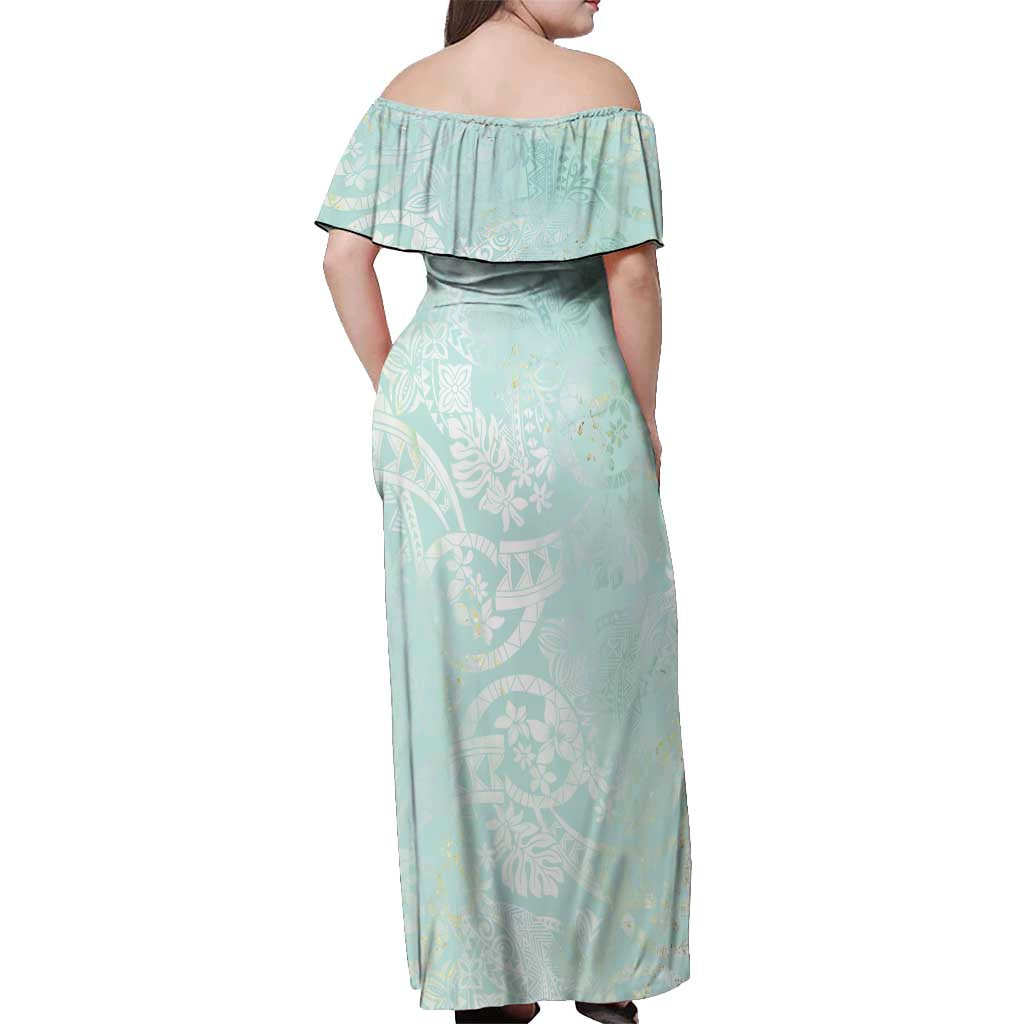 Polynesian Tiare Monstera Seafoam Green Off Shoulder Maxi Dress Liquid Style - Polynesian Pride