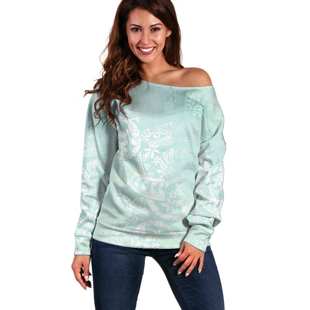 Polynesian Tiare Monstera Seafoam Green Off Shoulder Sweater Liquid Style - Polynesian Pride