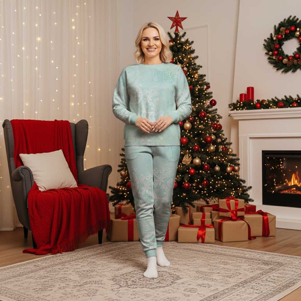 Polynesian Tiare Monstera Seafoam Green Christmas Pajama Set Liquid Style - Polynesian Pride