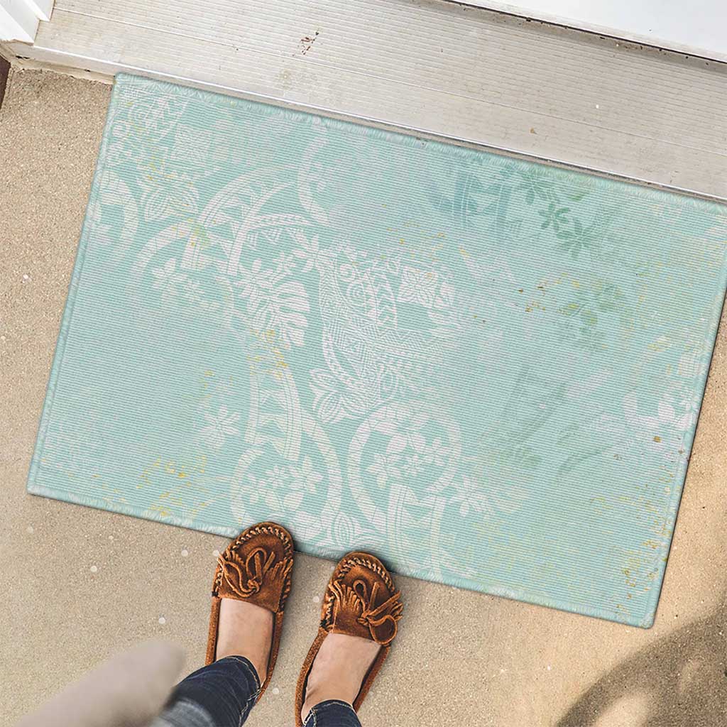 Polynesian Tiare Monstera Seafoam Green Rubber Doormat Liquid Style - Polynesian Pride