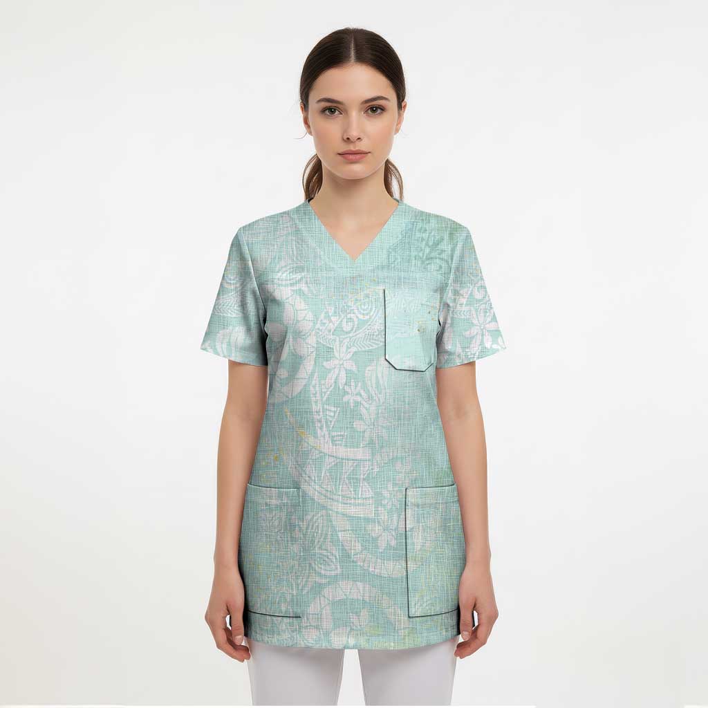 Polynesian Tiare Monstera Seafoam Green Scrub Top Liquid Style - Polynesian Pride