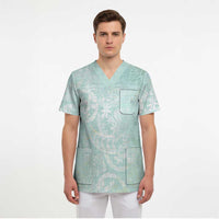 Polynesian Tiare Monstera Seafoam Green Scrub Top Liquid Style - Polynesian Pride