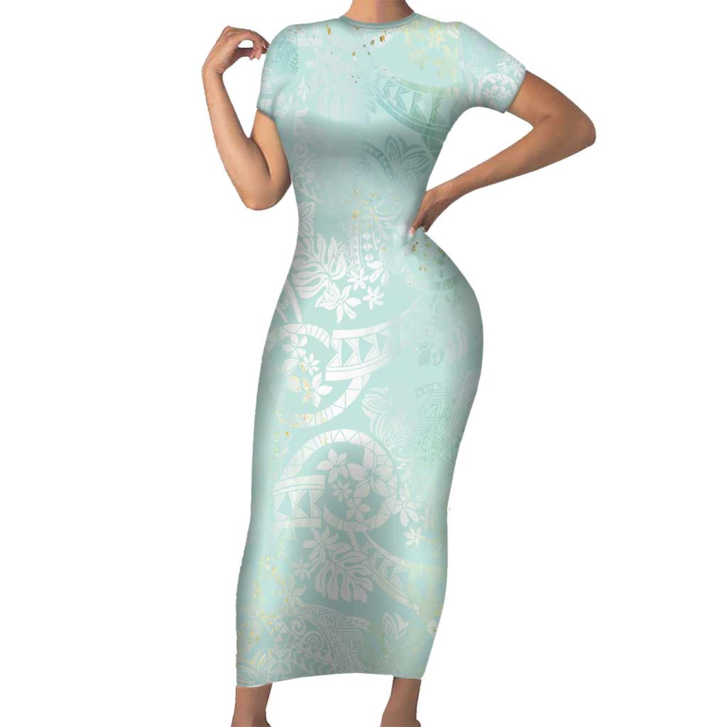 Polynesian Tiare Monstera Seafoam Green Short Sleeve Bodycon Dress Liquid Style - Polynesian Pride