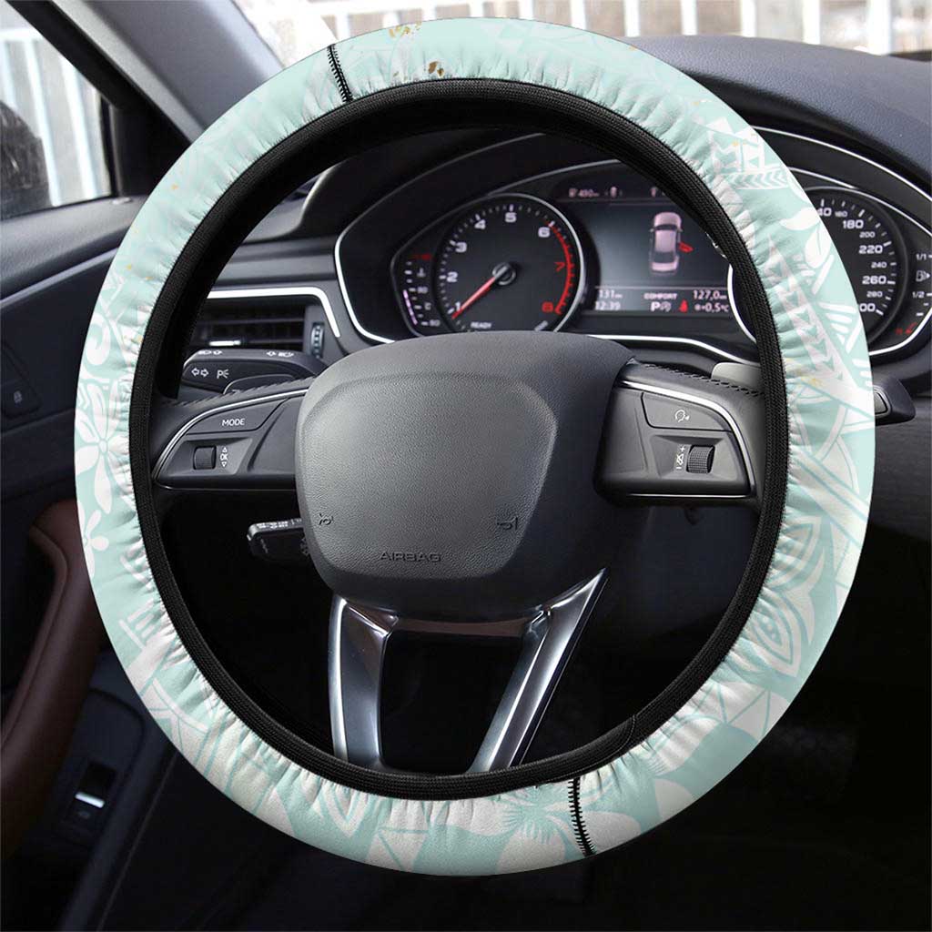 Polynesian Tiare Monstera Seafoam Green Steering Wheel Cover Liquid Style - Polynesian Pride