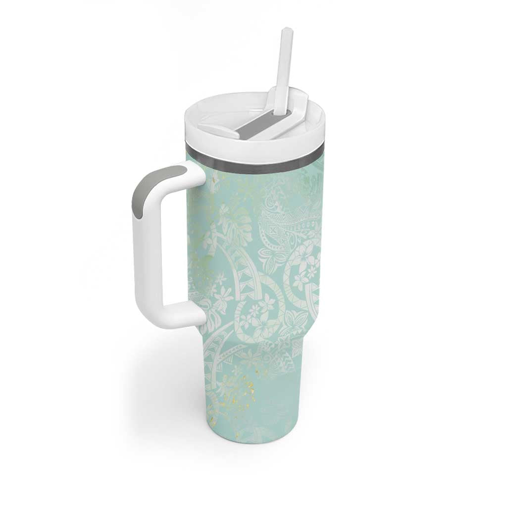 Polynesian Tiare Monstera Seafoam Green Tumbler With Handle Liquid Style - Polynesian Pride